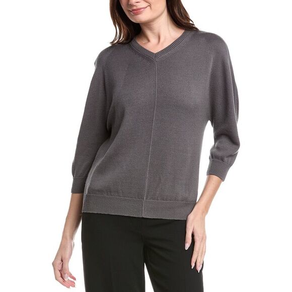 Lafayette 148 New York WomensV Neck Blouson Sleeve Silk Sweater Grey